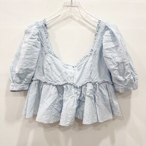 Free People Leave It To Me Puff Sleeve Gauzy Cropped Blouse Light Blue Small